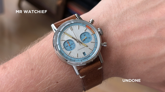 UNDONE Urban Retro Car 70’s Chronograph – A close-up of the vintage-inspired dial with tachymeter scale and racing-style subdials.