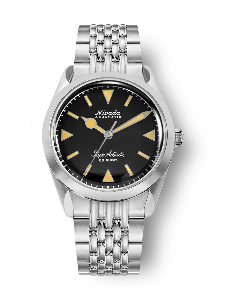 Front view of Nivada Grenchen Super Antarctic 3.6.9 watch with black dial and beige lume