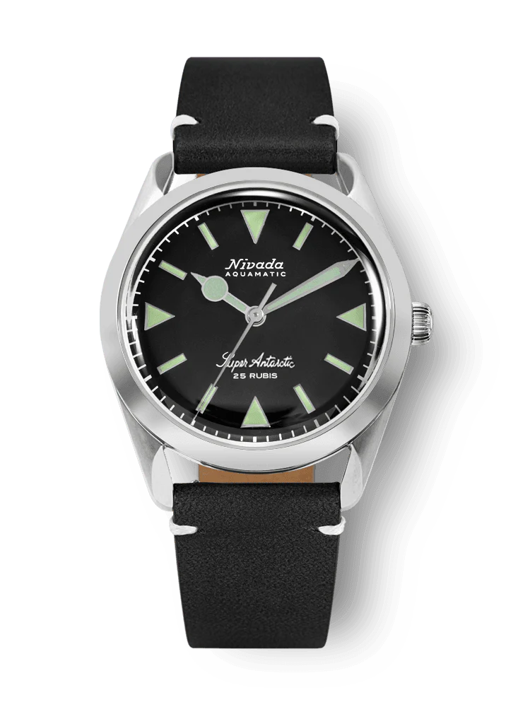 Nivada Grenchen Super Antarctic - Black Dial Green Lume 32036a MR WATCHIEF leather strip white stitching