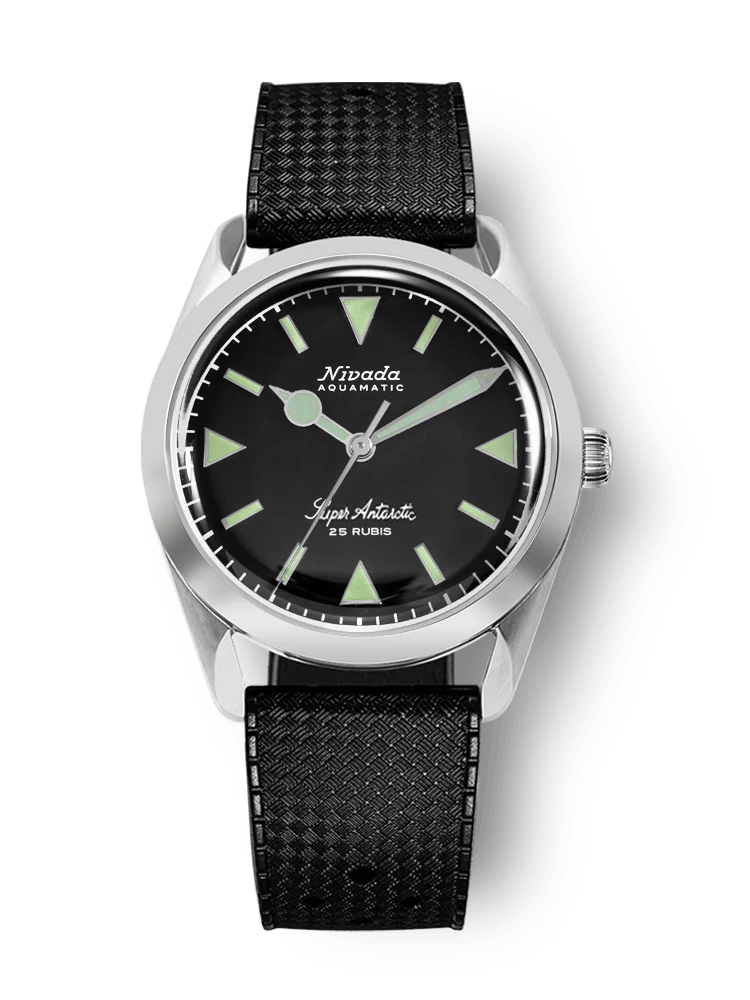 Nivada Grenchen Super Antarctic - Black Dial Green Lume 32036a MR WATCHIEF rubber strap
