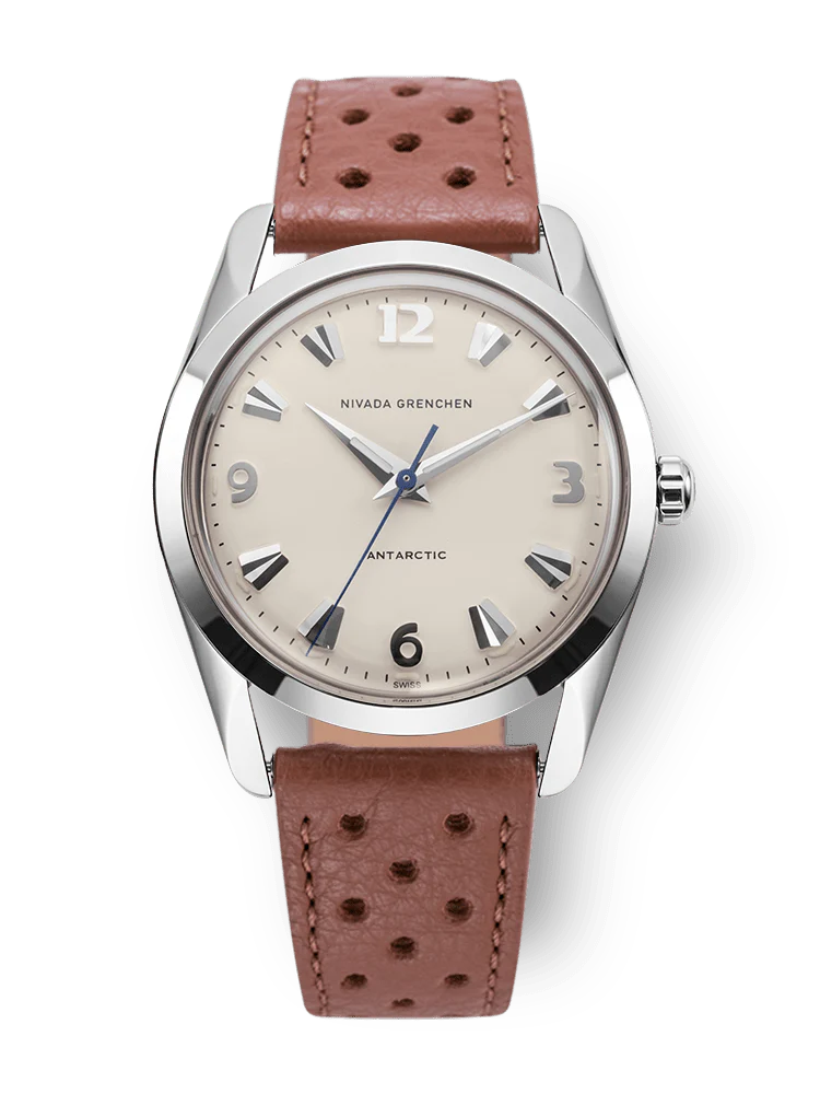 Watch with brown leather strap and beige dial on a white background