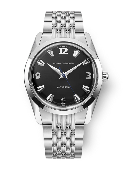 Nivada Grenchen Antarctic Black White Silver watch with black face on a white background