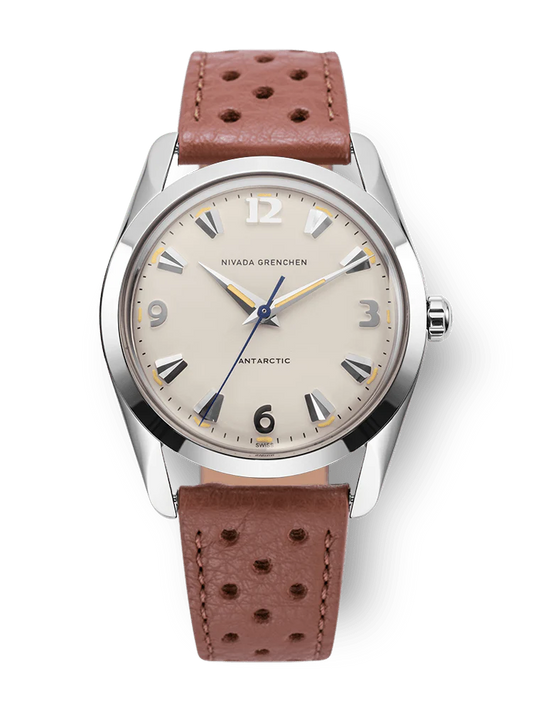 Nivada Grenchen Antarctic Eggshell Dial Beige Luminova Watch with brown leather strap and beige dial on a white background