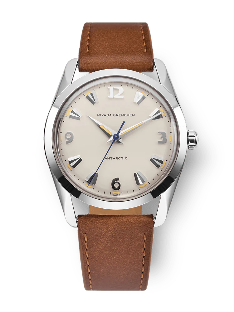 Nivada Grenchen Antarctic Eggshell Dial Beige Luminova Watch with brown leather strap and beige dial on a white background